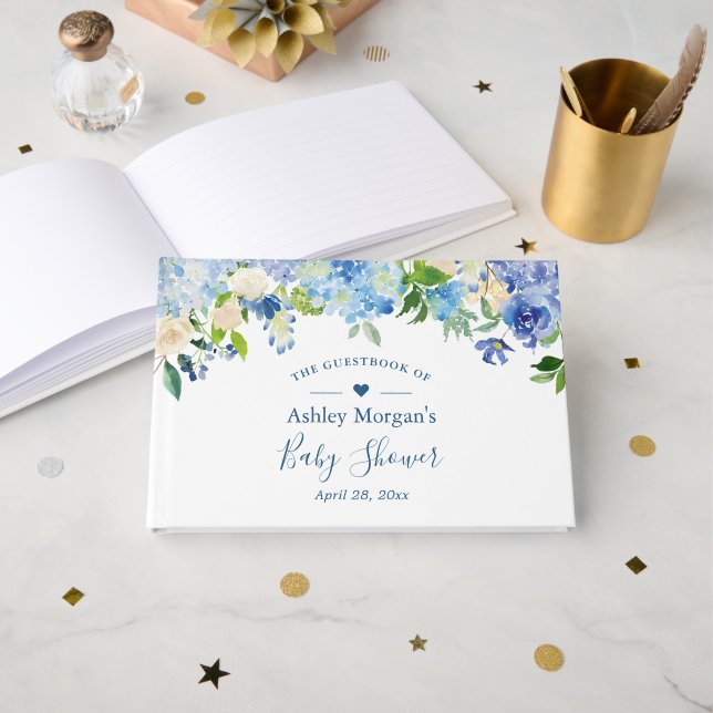 Blue Hydrangea Watercolor Floral Baby Dusche Gästebuch (Vorderseite Offen)