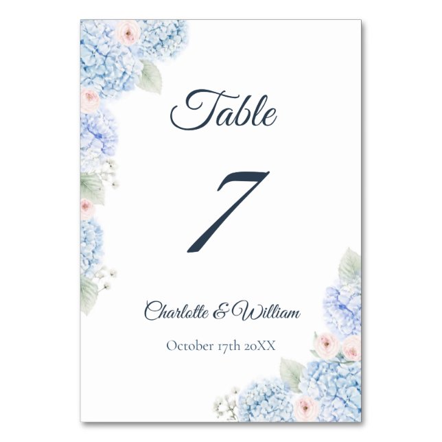 Blue Hydrangea Watercolor Floral Table Number Tischnummer (Vorderseite)