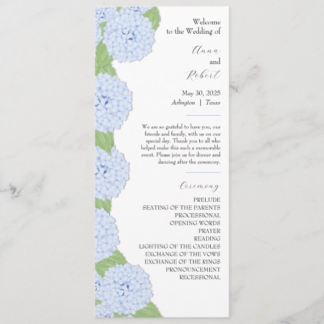 Blue Hydrangea Watercolor Hochzeitsprogramm Programm (Vorderseite)