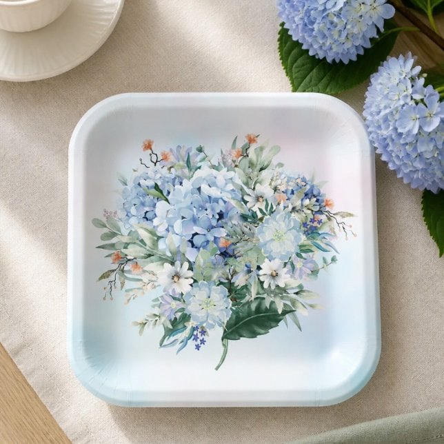 Blue Hydrangea Watercolor Paper Plate Pappteller (Von Creator hochgeladen)