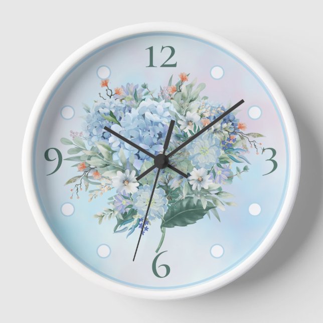 Blue Hydrangea Watercolor Rundwall Clock Uhr (Vorderseite)