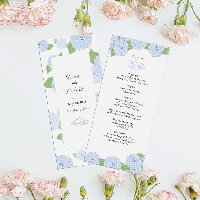Blue Hydrangea Watercolor Wedding Menu Menükarte (Von Creator hochgeladen)