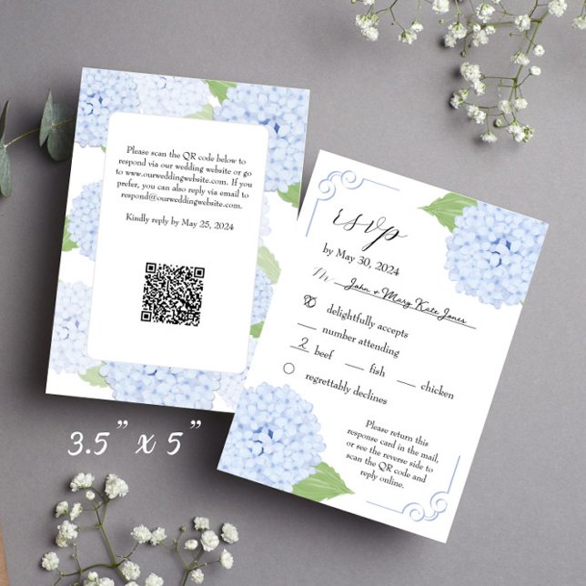 Blue Hydrangea Watercolor Wedding RSVP mit QR Code Karte (RSVP card with QR code and entree choices)