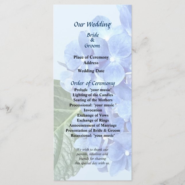 Blue Hydrangea Wedding Program Programm (Vorderseite)