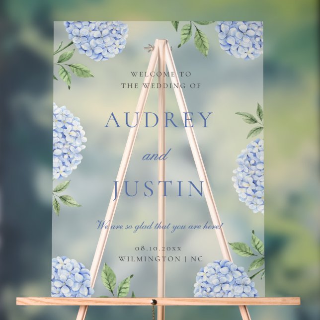 Blue Hydrangea Wedding Welcome Sign, Flower Border Acrylschild (Neutral)