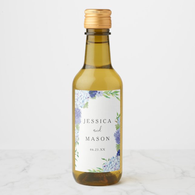 Blue Hydrangea Wedding Wine Labels Weinetikett (Vorderseite)