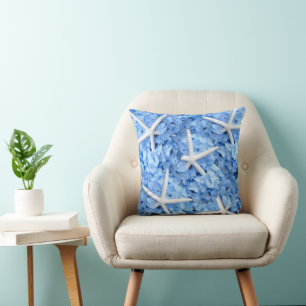 Blue Hydrangea White Starfish Coussin côtier