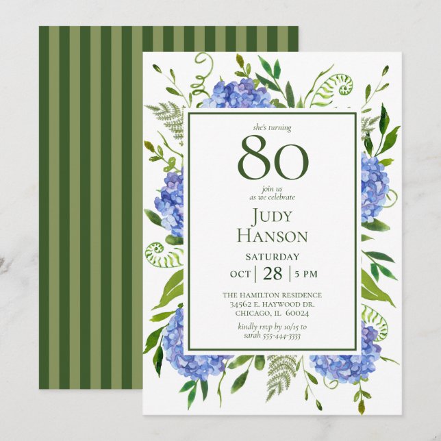 Blue Hydrangeas 80. Geburtstag Einladung (Vorne/Hinten)