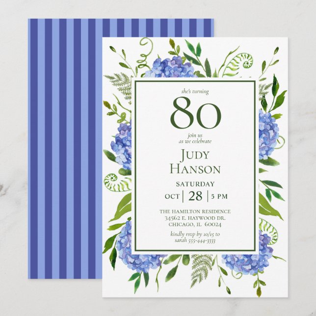 Blue Hydrangeas 80. Geburtstag Einladung (Vorne/Hinten)