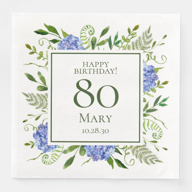 Blue Hydrangeas 80. Geburtstag Serviette (Vorderseite)