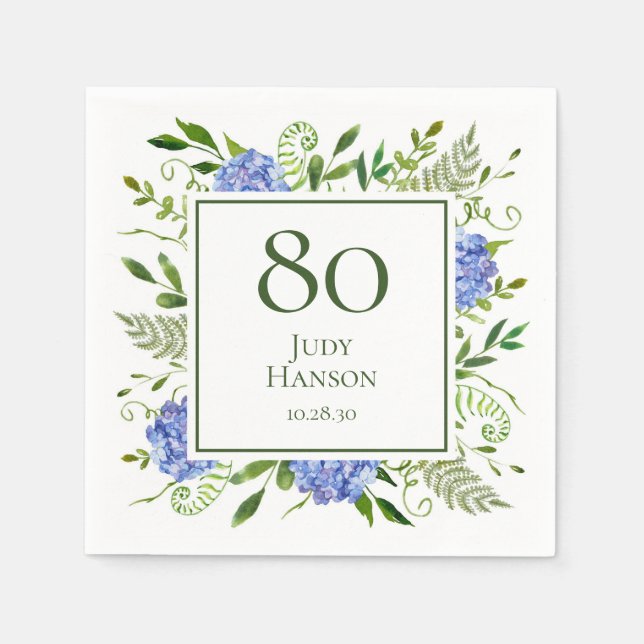 Blue Hydrangeas 80. Geburtstag Serviette (Vorderseite)