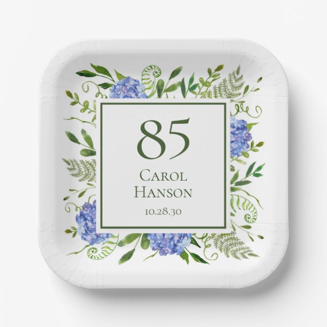 Blue Hydrangeas 85. Geburtstag Pappteller (Vorderseite)