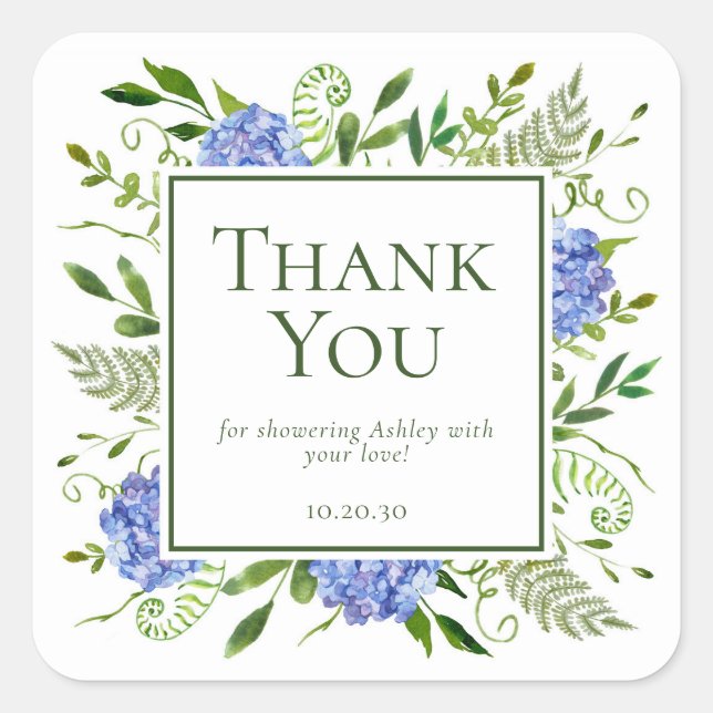 Blue Hydrangeas Boy Baby Dusche Vielen Dank Quadratischer Aufkleber (Vorderseite)