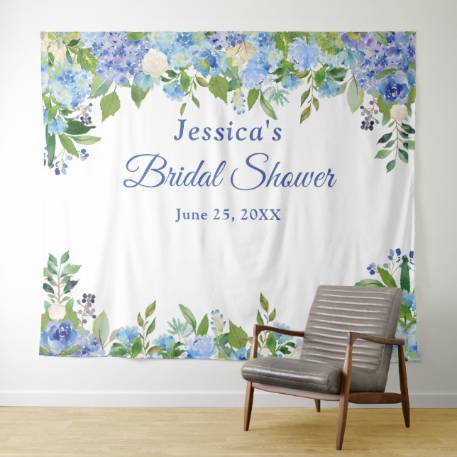Blue Hydrangeas Brautparty Foto Stand Hintergrund Wandteppich (Beispiel (Horizontal))