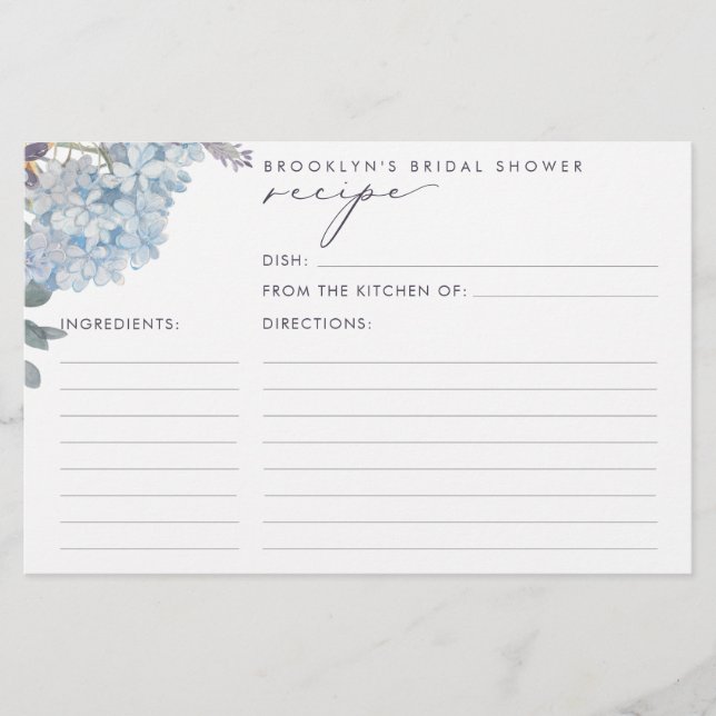 Blue Hydrangeas Brautparty Rezept Cards (Vorderseite)