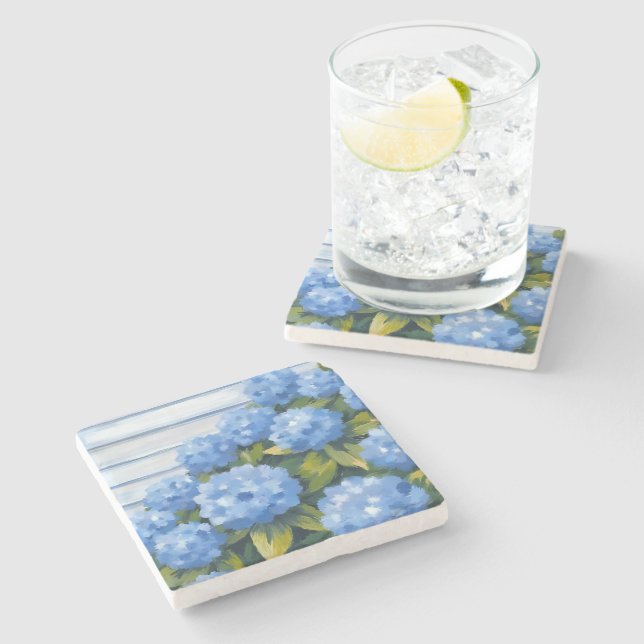 Blue Hydrangeas Bushes Floral Painting Steinuntersetzer (Seitenansicht)
