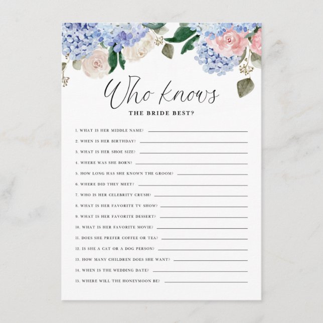 Blue Hydrangeas, die die beste Spielkarte der Brid Begleitkarte (Vorderseite)