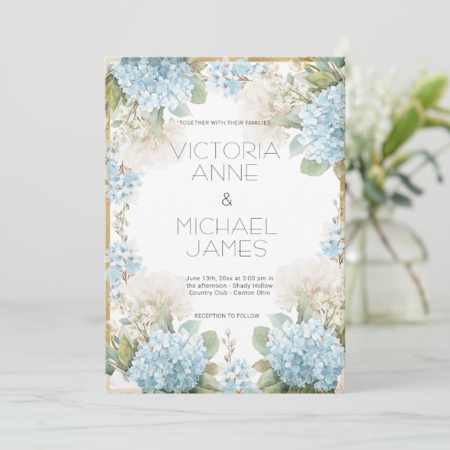 Blue Hydrangeas Elegant Wedding Einladung (Stehend Vorderseite)