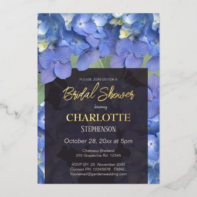 Blue Hydrangeas Floral Brautparty Folieneinladung (Vorderseite)