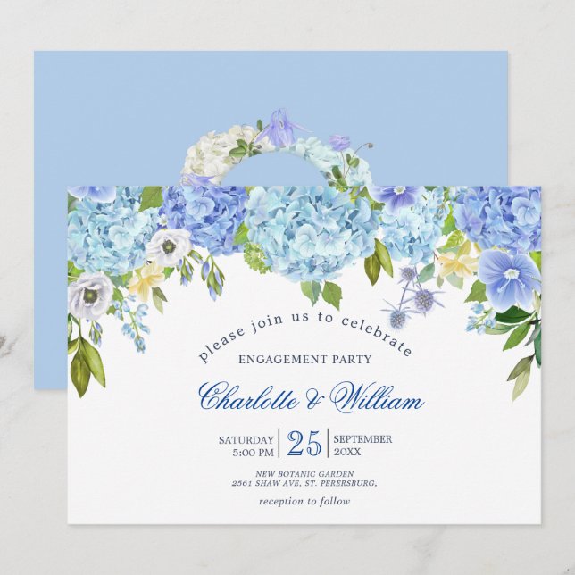 Blue Hydrangeas Floral Green ENGAGEMENT PARTY Einladung (Vorne/Hinten)