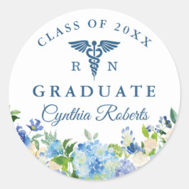 Blue Hydrangeas Floral Nursing School Abschluss Runder Aufkleber