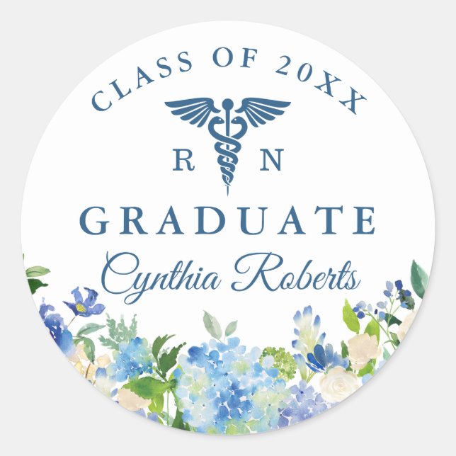 Blue Hydrangeas Floral Nursing School Abschluss Runder Aufkleber (Vorderseite)