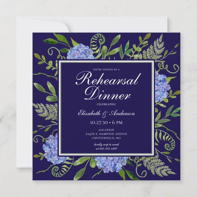 Blue Hydrangeas Floral Probe Abendessen Einladung (Vorderseite)