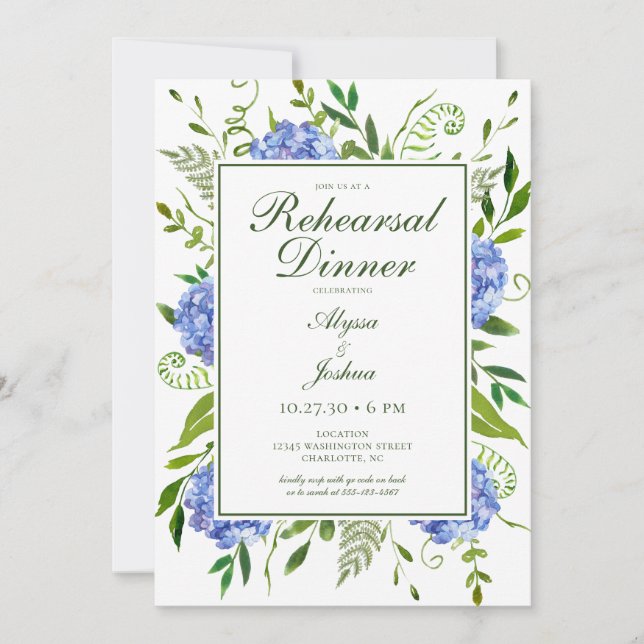 Blue Hydrangeas Floral Probe Abendessen Einladung (Vorderseite)
