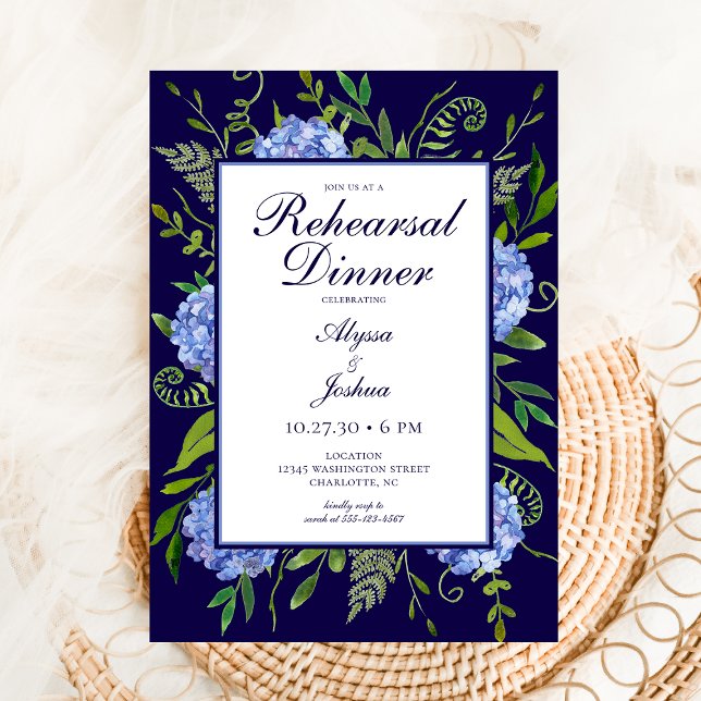 Blue Hydrangeas Floral Probe Abendessen Einladung (Von Creator hochgeladen)