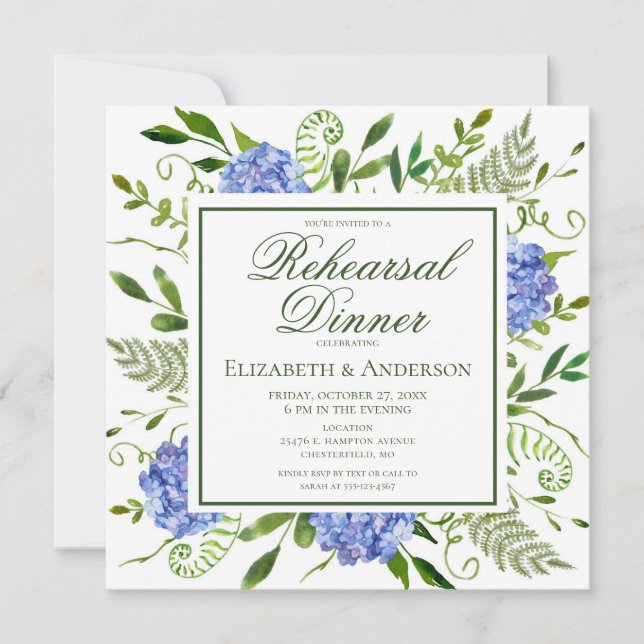 Blue Hydrangeas Floral Probe Abendessen Einladung (Vorderseite)