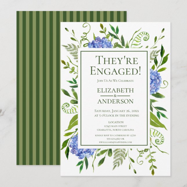 Blue Hydrangeas Floral Watercolor Engagement Party Einladung (Vorne/Hinten)