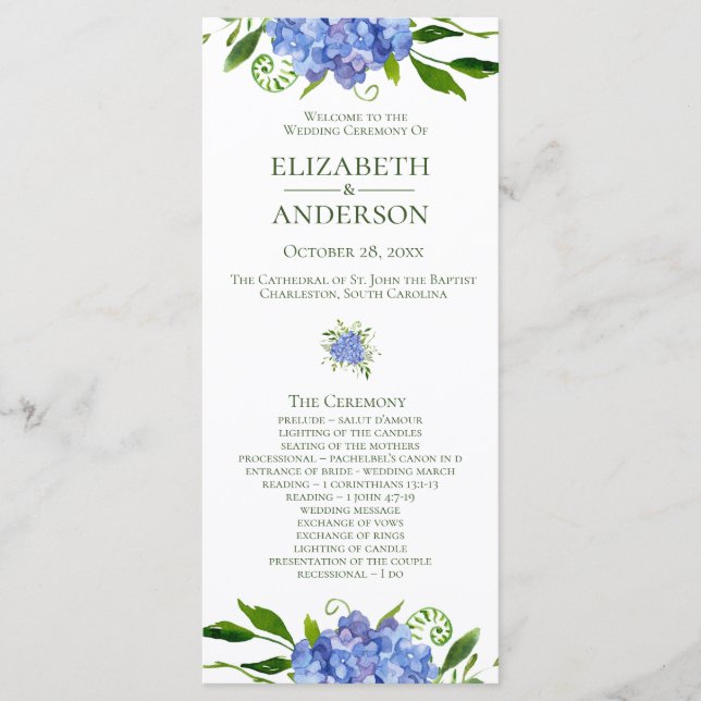 Blue Hydrangeas Floral Watercolor Hochzeitsprogram Programm (Vorderseite)