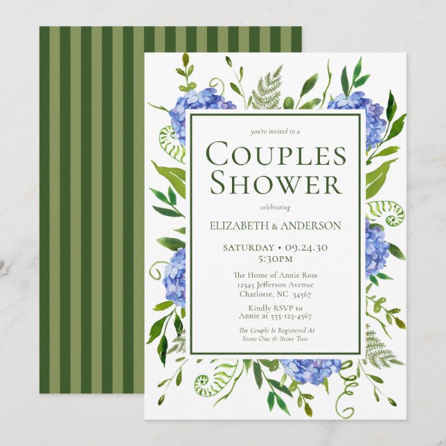 Blue Hydrangeas Floral Watercolor Paare Dusche Einladung (Vorne/Hinten)