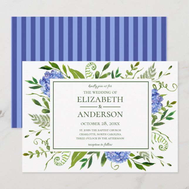 Blue Hydrangeas Floral Watercolor Wedding Einladung (Vorne/Hinten)