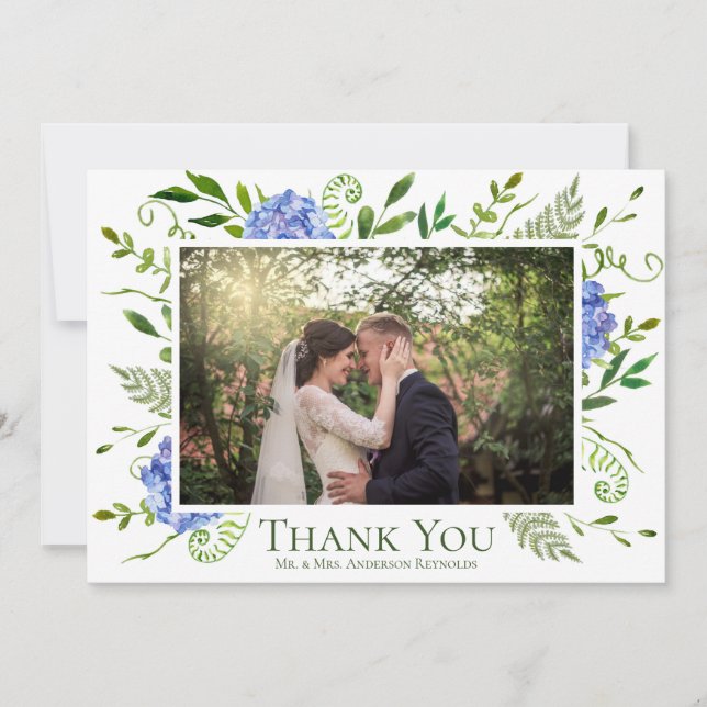 Blue Hydrangeas Floral Watercolor Wedding Foto Dankeskarte (Vorderseite)