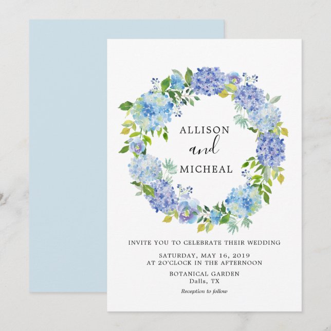 Blue Hydrangeas Floral Wreath Einladung (Vorne/Hinten)