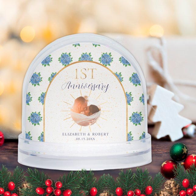 Blue Hydrangeas Gold Custom Photo 1st Anniversary Schneekugeln (Von Creator hochgeladen)