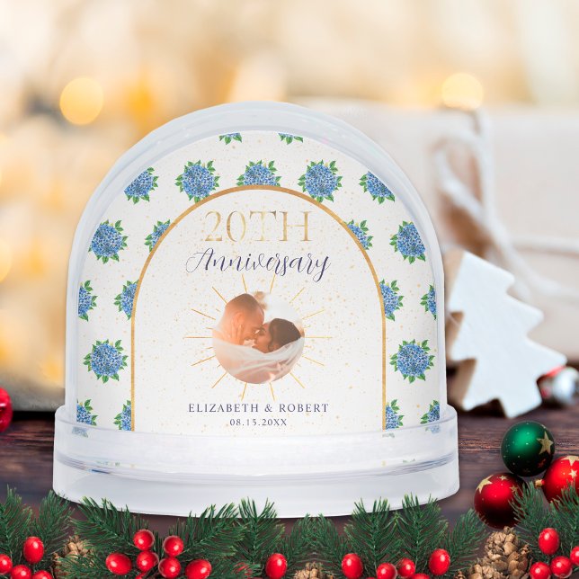 Blue Hydrangeas Gold Custom Photo 20th Anniversary Schneekugeln (Von Creator hochgeladen)
