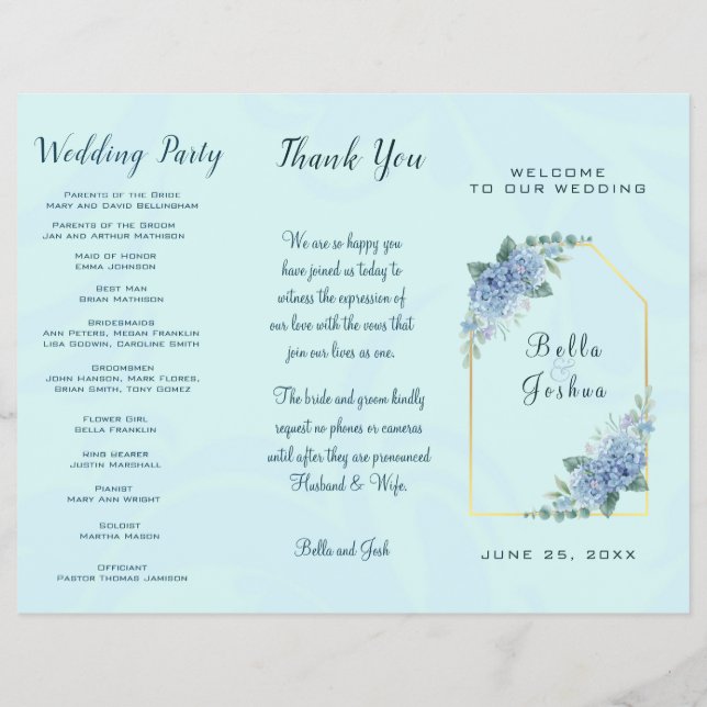 Blue Hydrangeas Hochzeitsprogramm (Hinten)