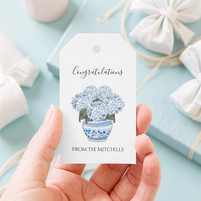 Blue Hydrangeas in Chinoiserie Pot Geschenkanhänger (Hydrangeas in Chinoiserie Planter Gift Tag)