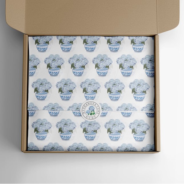 Blue Hydrangeas in Chinoiserie Pot Seidenpapier (Chinoiserie Hydrangea Tissue Paper watercolor)
