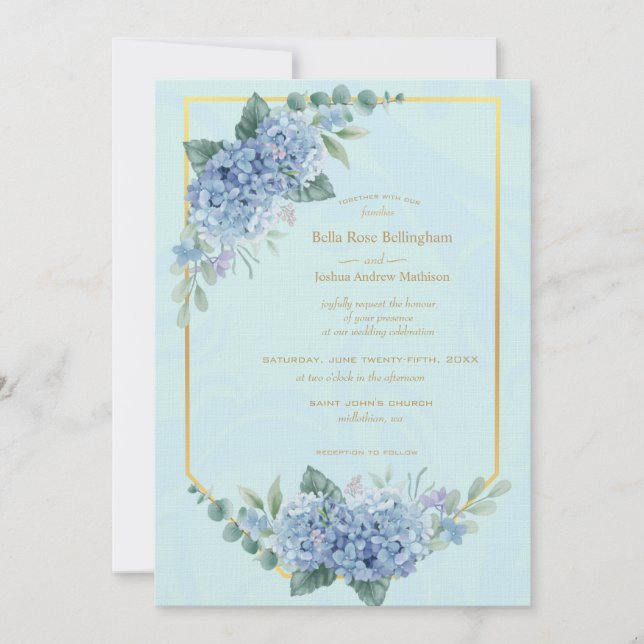 Blue Hydrangeas in Frame Wedding in Blue Einladung (Vorderseite)