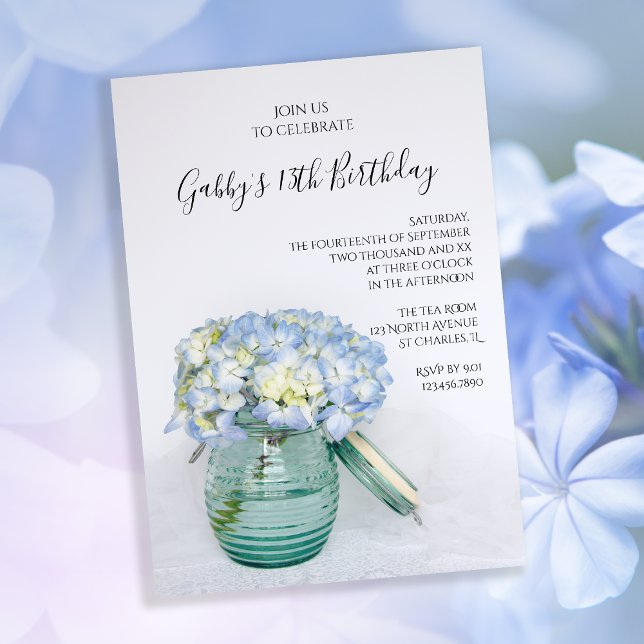 Blue Hydrangeas in Jar Vase Birthday Party Einladung (Von Creator hochgeladen)