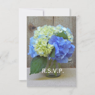 Blue Hydrangeas Mason Jar Rustic Wedding RSVP Karte