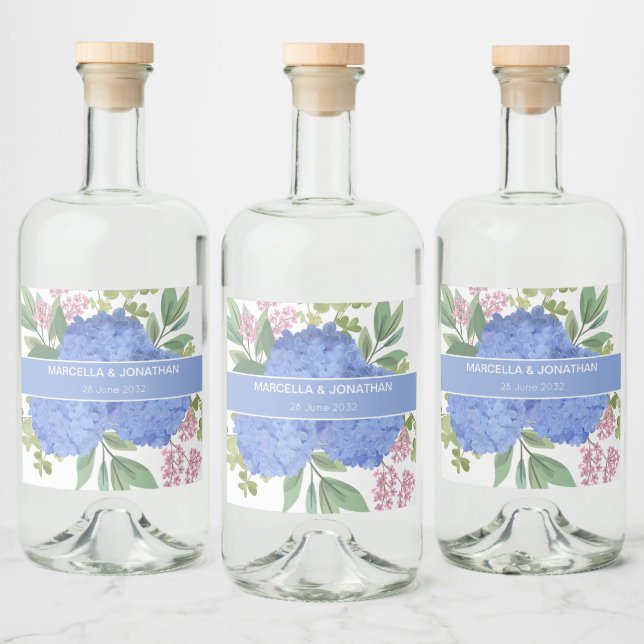 Blue Hydrangeas Modern Bouquet Custom Alkoholflaschenetikett (Flaschen)