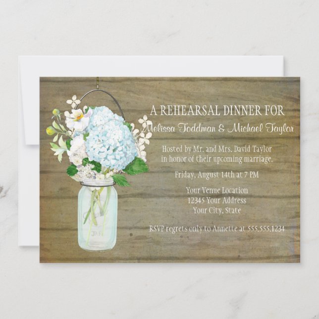 Blue Hydrangeas Probe Rustic Country Mason Jar Einladung (Vorderseite)