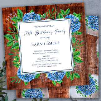 Blue Hydrangeas Rustic Wood 18. Geburtstagsparty Einladung