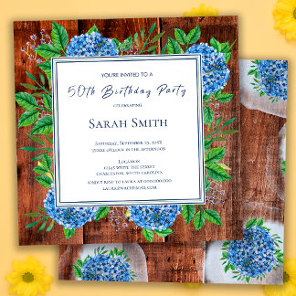 Blue Hydrangeas Rustic Wood 50. Geburtstagsparty Einladung