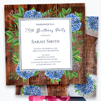 Blue Hydrangeas Rustic Wood 75. Geburtstagsparty Einladung