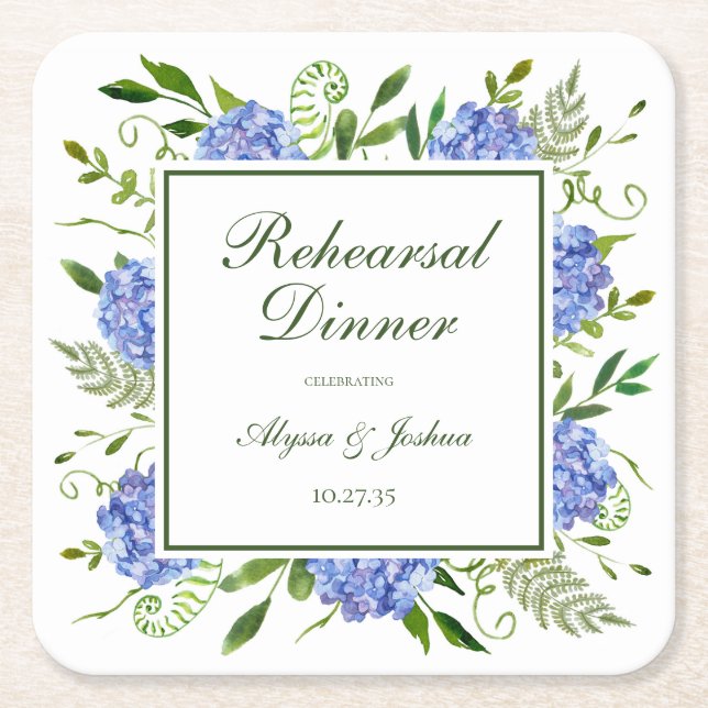 Blue Hydrangeas Script Probe Dinner Rechteckiger Pappuntersetzer (Vorderseite)